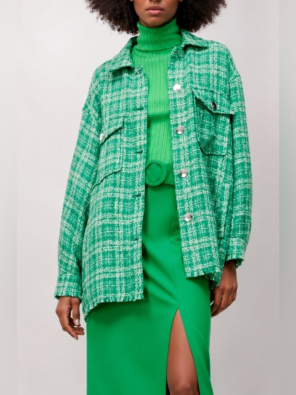 ZARA Woven Plaid Oversized Shacket Green Frayed Hem Casual Comfy Retro 90s